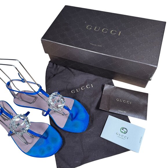 Gucci Crystal Interlocking GG T-Strap Flat Sandals Blue Satin Size 37.5 - Picture 6 of 10